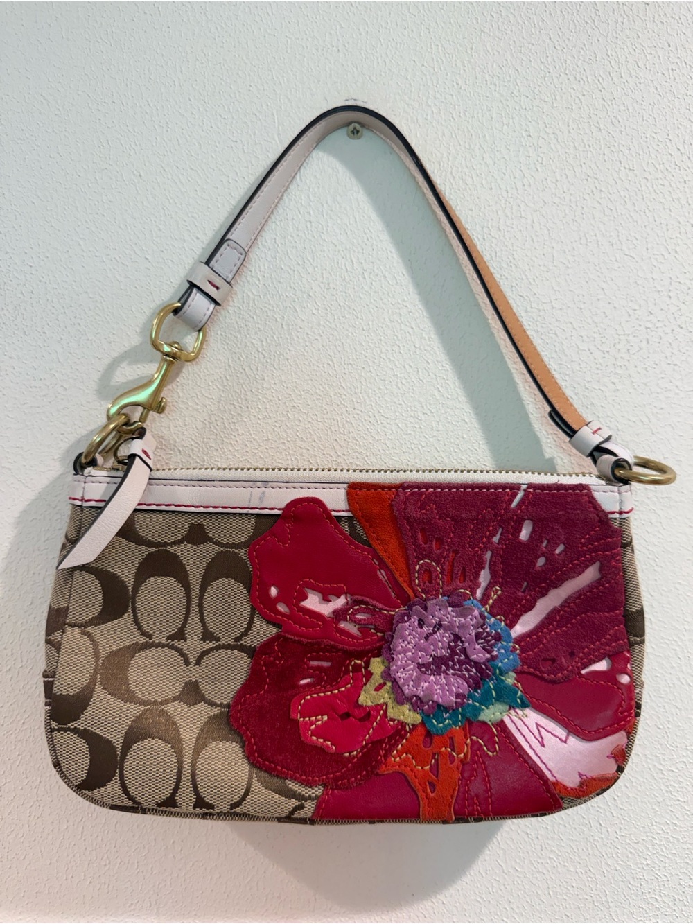 Coach Signature Canvas Mini Wristlet with Pink Floral Applique